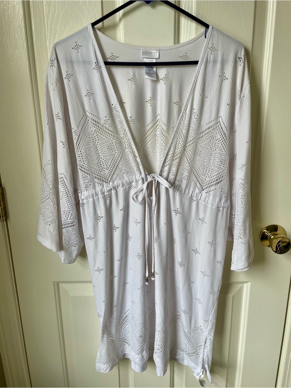Dotti White Crochet Knit V-Neck Tie-Waist Cover-Up